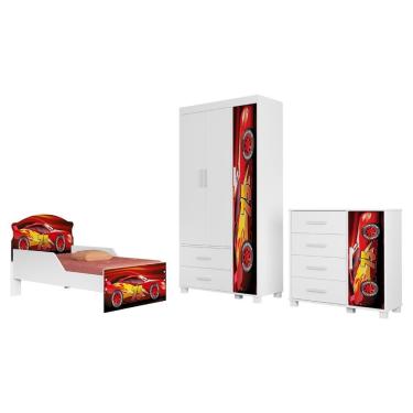 Imagem de Quarto Infantil 3 Peças Lívia com Mini Cama Guarda-Roupa 3 Portas e Cômoda 3 Gavetas Mdf 79cm Vermelho Milani Movelaria