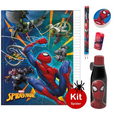 Imagem de Caderno Brochura Capa Dura Homem Aranha Spider Man Tilibra 80 Folhas + Kit Escolar Lápis Borracha Apontador e Copo 530ml