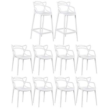 Imagem de Loft7, Kit 8x Cadeiras + 2x Banquetas Altas Masters Allegra, Polipropileno, Área Gourmet, Sala de Estar, Jantar, Cozinha e Comercial - Branco