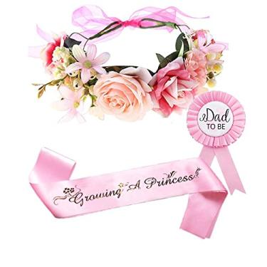 Imagem de Conjunto de 3 decorações de chá de bebê para meninas – coroa de flores ajustável, faixa para mamãe e papai para ser pino, lembrancinhas de presente de festa rosa para pais grávidas