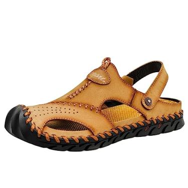 Imagem de Letuwj Sandálias de couro genuíno sandálias masculinas de tamanho grande praia cáqui 46.5