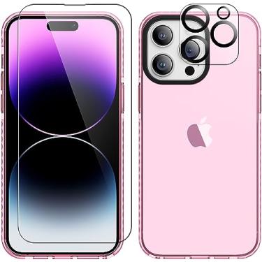 Imagem de ROYBENS Capa transparente para iPhone 15 Pro Max, capa de telefone com protetor de tela de vidro + acessórios protetores de lente de câmera para mulheres meninas, capa protetora fina de silicone fofa para 15 Promax de 6,7 polegadas, rosa