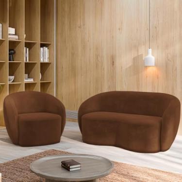 Imagem de Conjunto 1 Sofá Living 160cm e 1 Poltrona Decorativa Sala de Estar Íbis Encosto Fixo Veludo Marrom G33 - Gran Belo