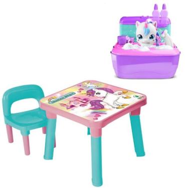 Imagem de Mesinha Unicórnio Educativa Infantil +Maleta Banho Unicórnio - Monte L