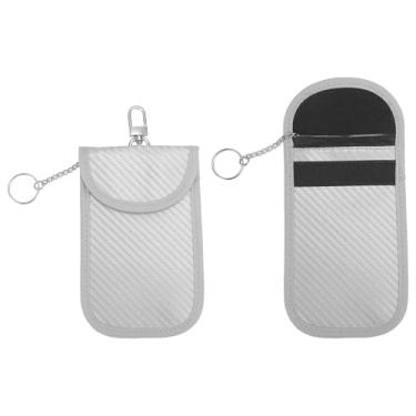 Imagem de VekAuto 2 peças, bolsa Faraday, sacos de bloqueio de sinal RFID universais para acionador de partida de carro sem chave de carro, protetor de chaveiro de fibra de carbono branco prateado com gancho