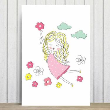 Imagem de Placa Decorativa MDF Infantil Menina e Flores 20x30cm - Quartinhos