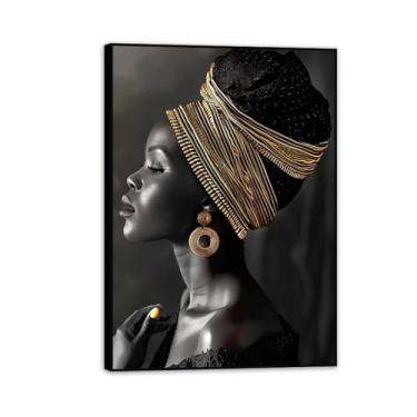 Imagem de Arte de beleza africana radiante dourada impressão em tela pintura moderna mural de arte de parede para decoração de sala de estar 55 x 40 cm (22 x 16 pol) moldura preta