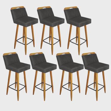 Imagem de Kit 07 Banqueta Alta c/ Encosto Lith Para Cozinha Bar Balcão Bistrô Pé Palito Castanho Corino Cinza - Ahz Móveis