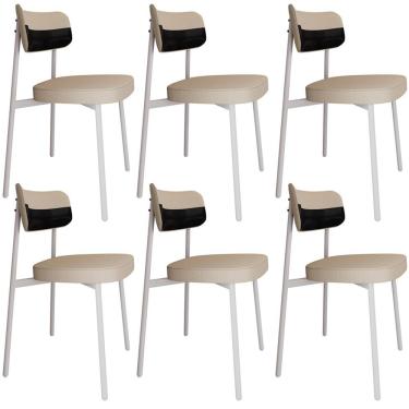 Imagem de Kit 06 Cadeiras Estofada Para Sala De Jantar Astrid Branco C01 Linho Areia Courino Preto - Lyam Decor