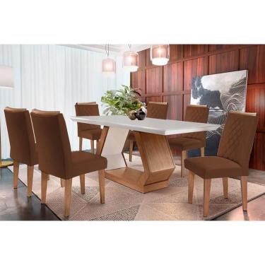 Imagem de Sala De Jantar Completa Alvorada C- Tampo Madeirado Canto Reto 180x90cm E 6 Cadeiras Jade Imbuia-off White - Suede Marrom - Rufato