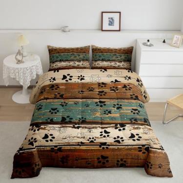 Imagem de Manfei Conjunto De Edredom Infantil Com Estampa Patas, Tamanho Solteiro, Roupa Cama Pegadas Animais Para Meninos E Meninas, Decoração Quarto Amantes Cães, Retrô Madeira, Colcha Rústica Fazenda, 1 Fr