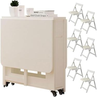 Imagem de Conjunto De Mesa De Jantar Para 4, Mesa E Cadeiras Dobráveis, Mesa De Jantar Extensível De Madeira Com Cadeiras, Mesa De Jantar Dobrável Para Sala De Jantar De Cozinha S, White, with 6 Chairs