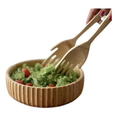 Imagem de Kit Saladeira Canelada Pegador Salada Bambu Anti Bactericida