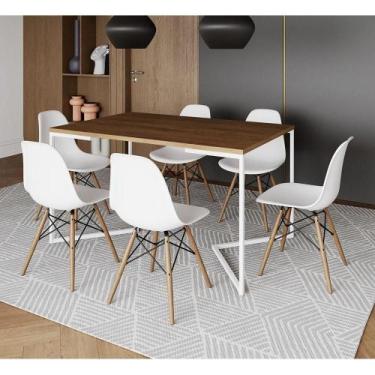 Imagem de Mesa Jantar Industrial Retangular Amêndoa 137X90Cm Base V Ferro Branco