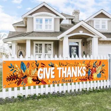 Imagem de BlissYard Faixa Give Thanks 395 x 50 cm, folhas de colheita de outono, fundo laranja, Dia de Ação de Graças, cerca de parede, varanda e quintal, decoração para festa de outono, ambientes internos e