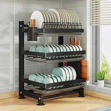 Imagem de WZYCLTT Escorredor de pratos com bandeja coletora, suporte para copos, suporte para utensílios, grande capacidade para bancada de cozinha, economizando espaço, 3 níveis (preto)