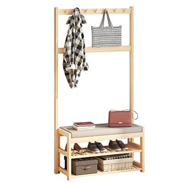 Imagem de Cabideiro de madeira portátil, suporte de casaco de guarda-roupa aberto com banco de sapatos e ganchos, carga máxima de 99,8 kg, para entrada e quarto de cama, sala de estar/84 x 31 x 172,5 cm (64 x