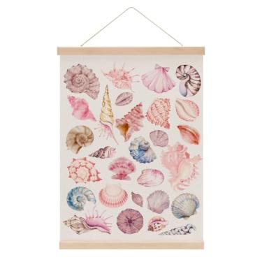 Imagem de Cabide de pôster de arte de parede de vaqueira costeira rosa, gancho de pôster de concha preppy banner para pendurar, bandeira de parede de concha para decoração de quarto de meninas e sala de aula