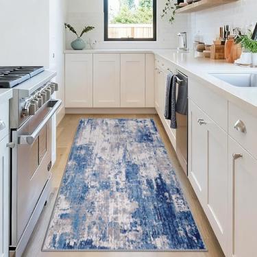 Imagem de RELEANY Tapetes laváveis de 6 x 10 cm, antiderrapante, moderno, abstrato, macio para sala de estar, entrada, quarto, berçário, padrão estampado, azul, cinza, azul marinho e cinza