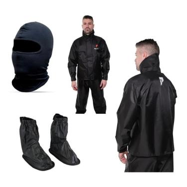 Imagem de Kit Capa Roupa Chuva Pioneira Jaqueta Calça Nylon Urban + Polaina Preta Moto + Capuz Touca Ninja-Unissex