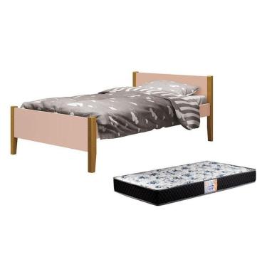 Imagem de Cama Solteiro Simba Rosa Fosco Com Pés Amadeirado E Colchão D33 - Reller Móveis Rosa Fosco
