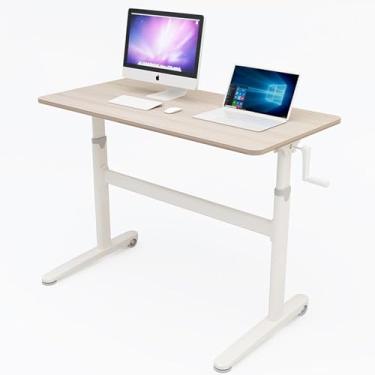 Imagem de Mesa de pé com manivela manual de altura ajustável, mesa de trabalho ajustável para ficar em pé, mesas de sentar em pé para escritório em casa com orifício para cabo e pé de ajuste, 120/140 cm