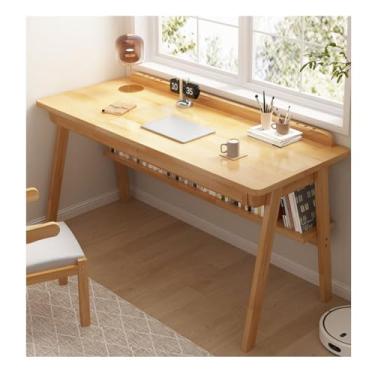 Imagem de HGTRH Mesa de estudo de escritório de madeira maciça, mesa de computador contemporânea, mesa de trabalho, gavetas duplas, quadro horizontal sob a mesa para armazenamento de madeira de borracha sem