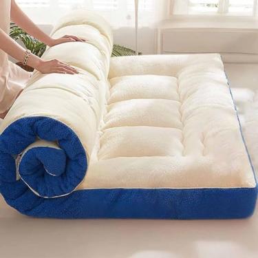 Imagem de Yadlan Futon tradicional japonês – Tapete de tatame dobrável de 10 cm de espessura para spa, meditação de ioga, cama de hóspedes e cochilo de crianças (tamanho casal) azul e branco 180 x 200 cm