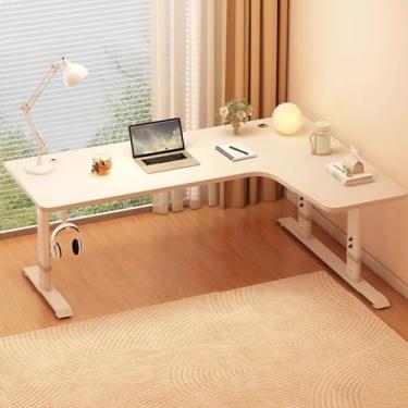 Imagem de Mesa de canto para quarto de crianças em forma de L, mesa em pé ajustável com controle manual de altura, espaçosa mesa de escrita infantil para meninos e meninas, estação de trabalho de computador com