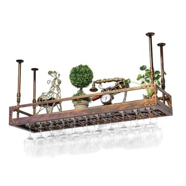 Imagem de HGTRH Rack de pendurar para copo de vinho para bar montado no teto, prateleiras flutuantes suspensas de altura ajustável, rack de exibição de bar multifuncional, rack de armazenamento de copo de vinho