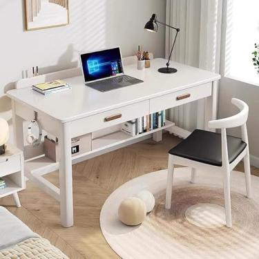 Imagem de Mesa infantil com gavetas de prateleiras de livros em bordo, mesa de estudo com gavetas em ambos os lados, mesa de estudo infantil com compartimento para caneta e prateleira inferior para