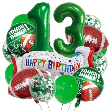 Imagem de Balão de rugby verde número 13. Balões grandes de alumínio de 13º aniversário, balões coloridos de 13 anos, bola de oliveira, balões esportivos de 13 anos, kits de balões de festa para meninos de 13
