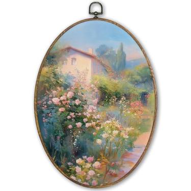 Imagem de TLESKE Arte de parede oval floral vintage francesa com moldura 22,5 x 30,5 cm, arte de parede em tela pastel cottagecore, arte de parede, decoração de porta de quarto, sala de estar