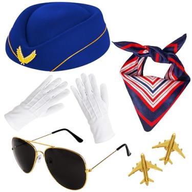 Imagem de 6 peças acessórios de fantasia de comissária de bordo para mulheres, roupas de aeromoça, chapéu de comissária de bordo, alfinete, luvas de cachecol (azul royal)