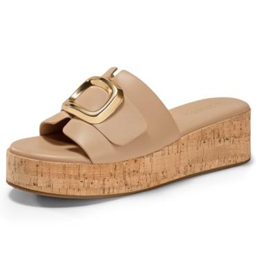 Imagem de Coutgo Sandálias Femininas Plataforma De Cortiça, Salto Anabela, Fivela De Metal, Calçado De Verão Aberto, Cáqui, Tamanho 8