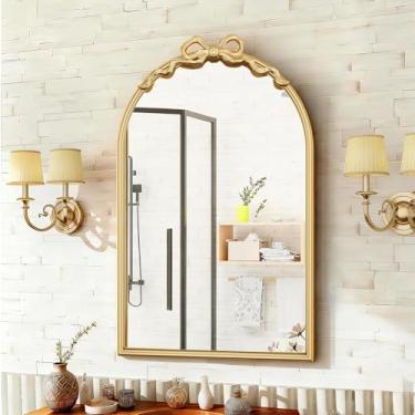 Imagem de PERHOM Espelho de parede arqueado dourado - 40,6 cm x 63,5 cm Espelho decorativo de arco ornamentado barroco vintage com moldura de metal grosso - Espelhos antigos para banheiro, lareira, sala de