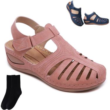 Imagem de Sandálias Antiderrapantes Vintage De Couro Pu Macio Com Dedo Fechado, Sandálias De Suporte De Arco Para Mulheres Verão Oco Para Fora Plataforma De Cunha, Pink, 41