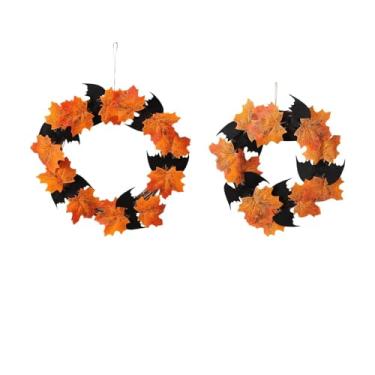 Imagem de CUOFYUNL Guirlanda de 16 polegadas para porta da frente de Halloween, guirlanda suspensa, folha de bordo artificial, guirlanda de morcego para parede, festa de feriado de (eu)