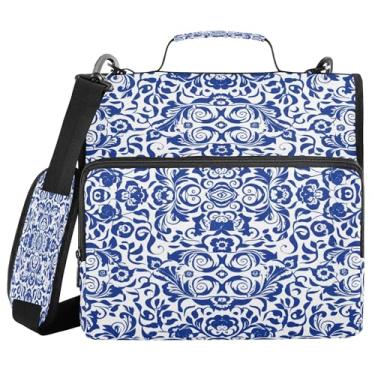 Imagem de SEHANY Fichário de zíper azul e branco com alça de ombro, capacidade para 500 folhas, vários bolsos, fichário com 3 anéis com zíper de 3 cm