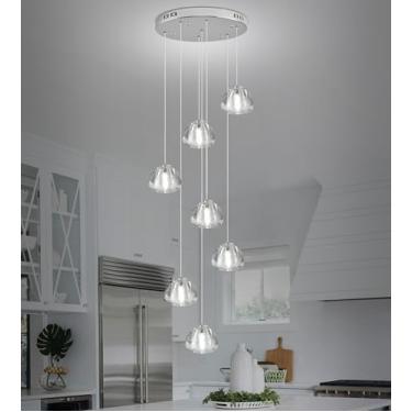 Imagem de Upfelw Lustre de cristal moderno com pingente de gota de chuva com 7 luzes, lâmpada LED de bolha embutida para escada, luminária cromada para sala de estar
