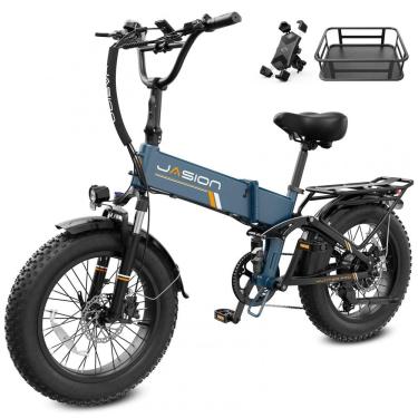 Imagem de Bicicleta elétrica dobrável Jasion X-Hunter Pro azul com cesto traseiro pneus 20x4 moto...