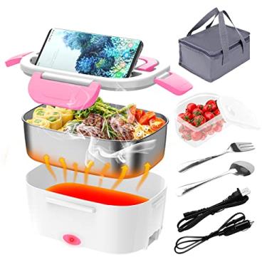 Imagem de CHARMDOO Lancheira elétrica 60 W Aquecedor de alimentos 12 V 24 V 110 V Lancheira aquecida mais rápida para carro/caminhão/casa Caixas de aquecimento portátil com 1,5L 308 SS Container Garfo e Colher