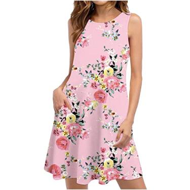 Imagem de D-544 Vestidos juvenis sem mangas rosa flor rosa vestidos gráficos para mulheres gola redonda praia havaiana tropical midi joelho alto outono verão vestidos 2024 roupas modernas I6 P