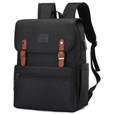 Imagem de HFSX Mochila para laptop masculina e feminina, vintage, mochila universitária, elegante, preta, serve para laptop de 15,6 polegadas