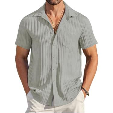 Imagem de COOFANDY Camisa masculina casual de botão manga curta texturizada linho verão praia camisa com bolso, Cinza claro, XXG
