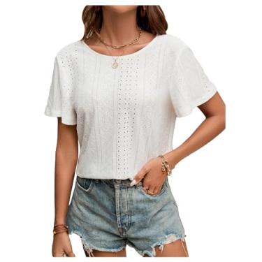 Imagem de SweatyRocks Camiseta feminina frente única bordada com ilhós, gola redonda, manga curta, gola redonda, Branco, M