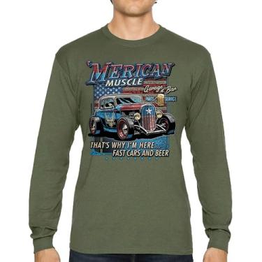 Imagem de Camiseta de manga comprida Merican Muscle Fast Cars and Beer Hot Rod Enthusiast Car Show Bandeira dos EUA Pride Route 66, Verde militar, G