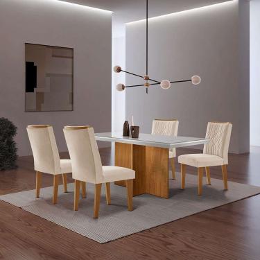 Imagem de conjunto de mesa de jantar retangular com tampo de vidro off white berlim e 4 cadeiras alegra veludo creme e imbuia