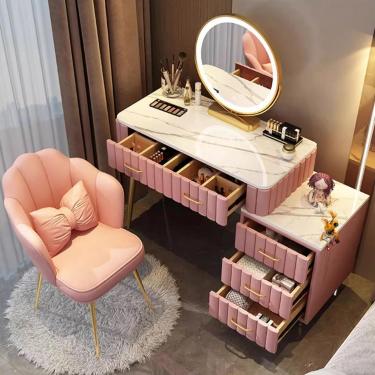 Imagem de Penteadeira de mesa de maquiagem com banquinho - penteadeira de quarto com espelho e cômoda de 5 gavetas, fácil de montar, cômoda leve ajustável para mulheres e meninas, 80 cm-100 cm