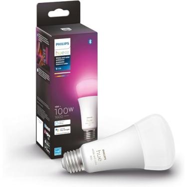 Imagem de Philips Hue Lâmpada inteligente A21 de alto lúmen branca e colorida, 1600 lúmens, compatível com Bluetooth e Zigbee (hub opcional), funciona com Alexa e Google Assistant, 1 lâmpada